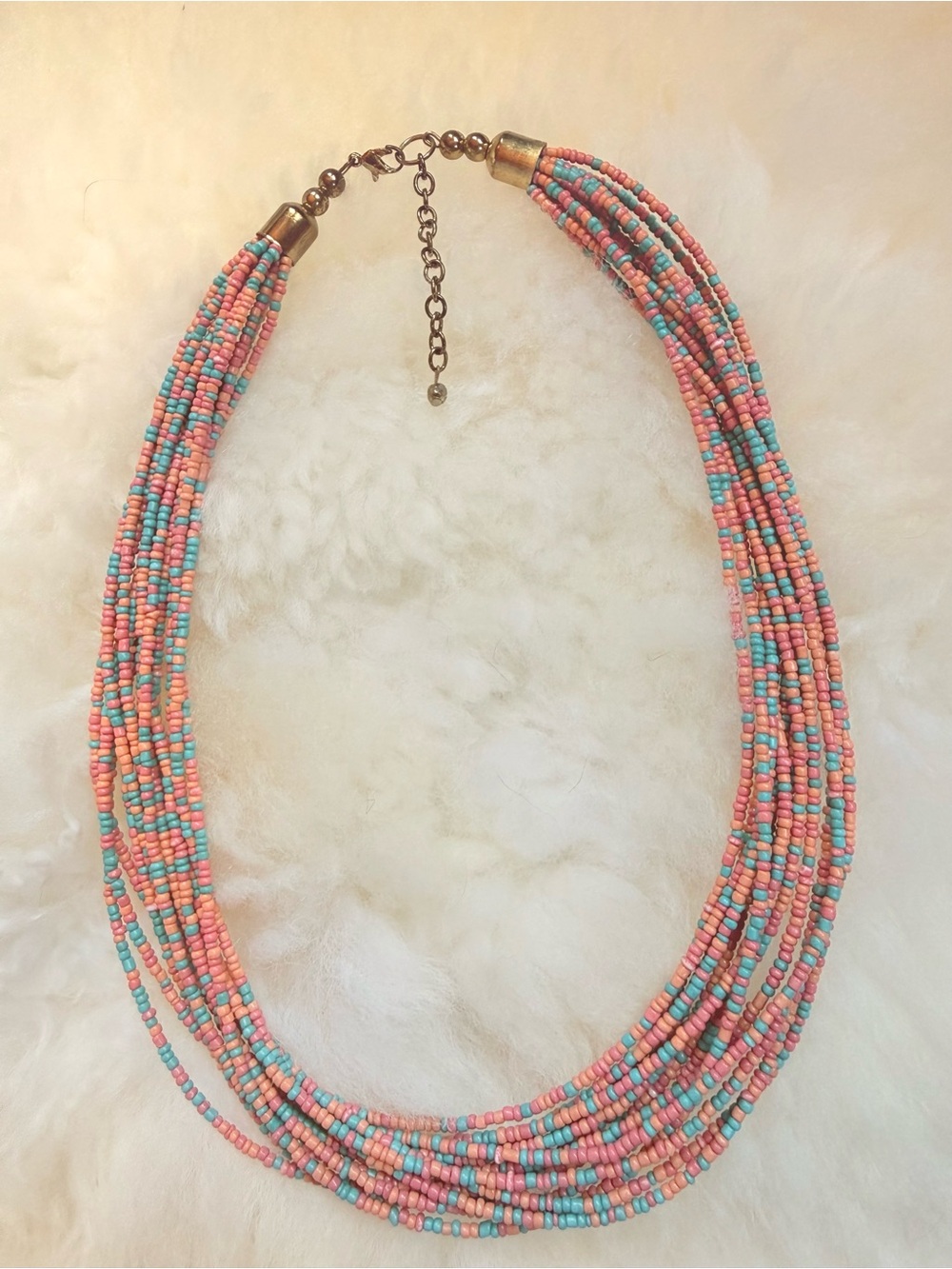 Bohemian Multi-Strand Pink & Turquoise Seed Bead Statement Necklace